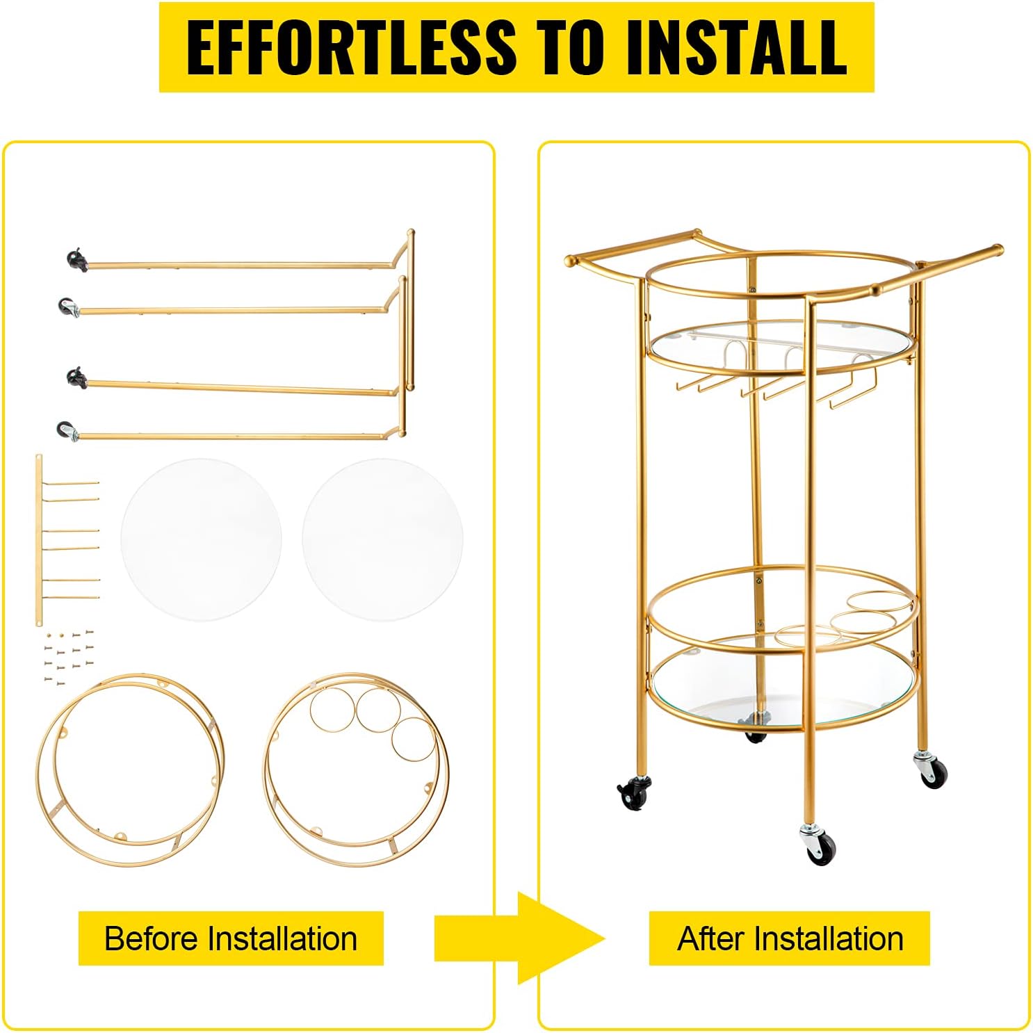 VEVOR Bar Cart, Two Tier Serving Cart, Gold Finish Wine Cart, Rolling Bar Cart, Antique Small Bar Cart, Gold Bar Cart with Wheels and Glass Holder for Kitchen, Club, Living Room, Bar (Round) - Bar & Serving Carts