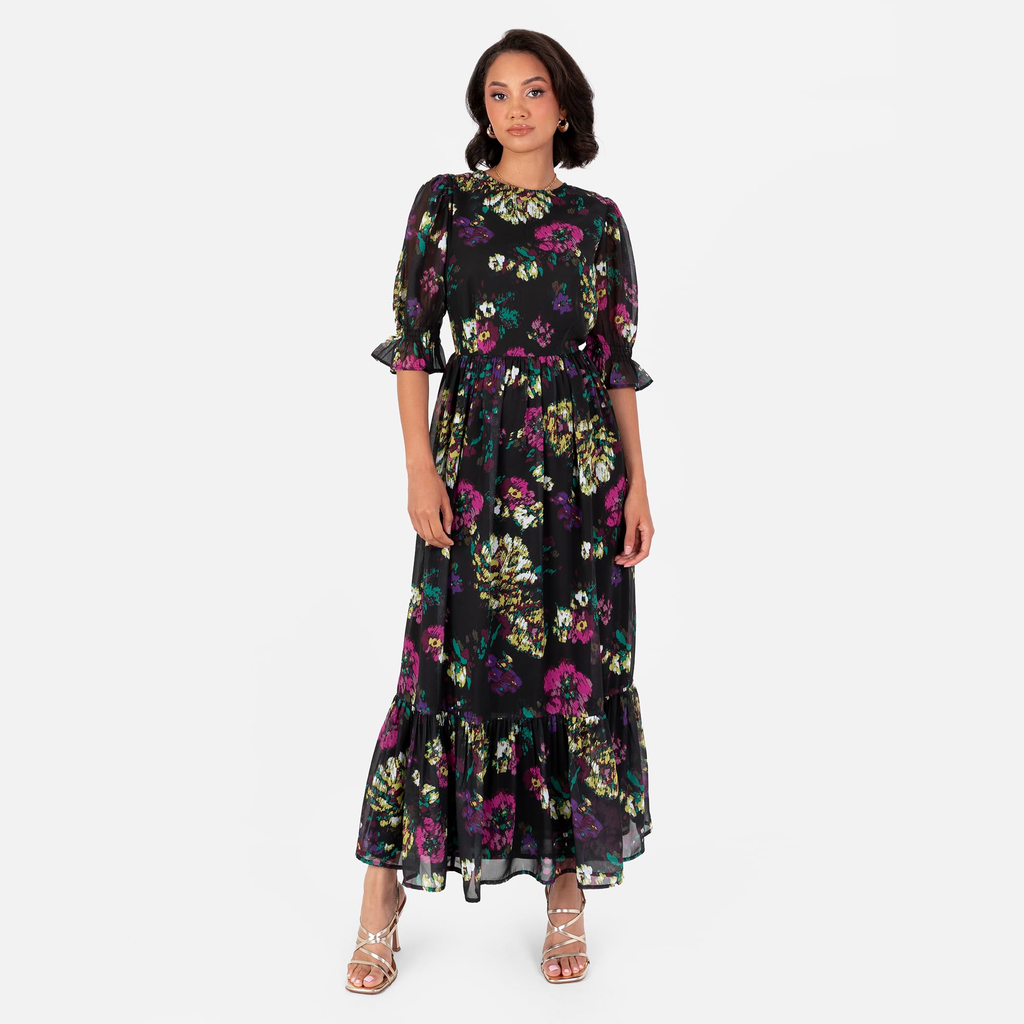 Lovedrobe Women's Midaxi Dress Ladies Short Puff Sleeve Round Neck Floral Chiffon Ruffle Tiered Bottom Hemline A-Line Occasion