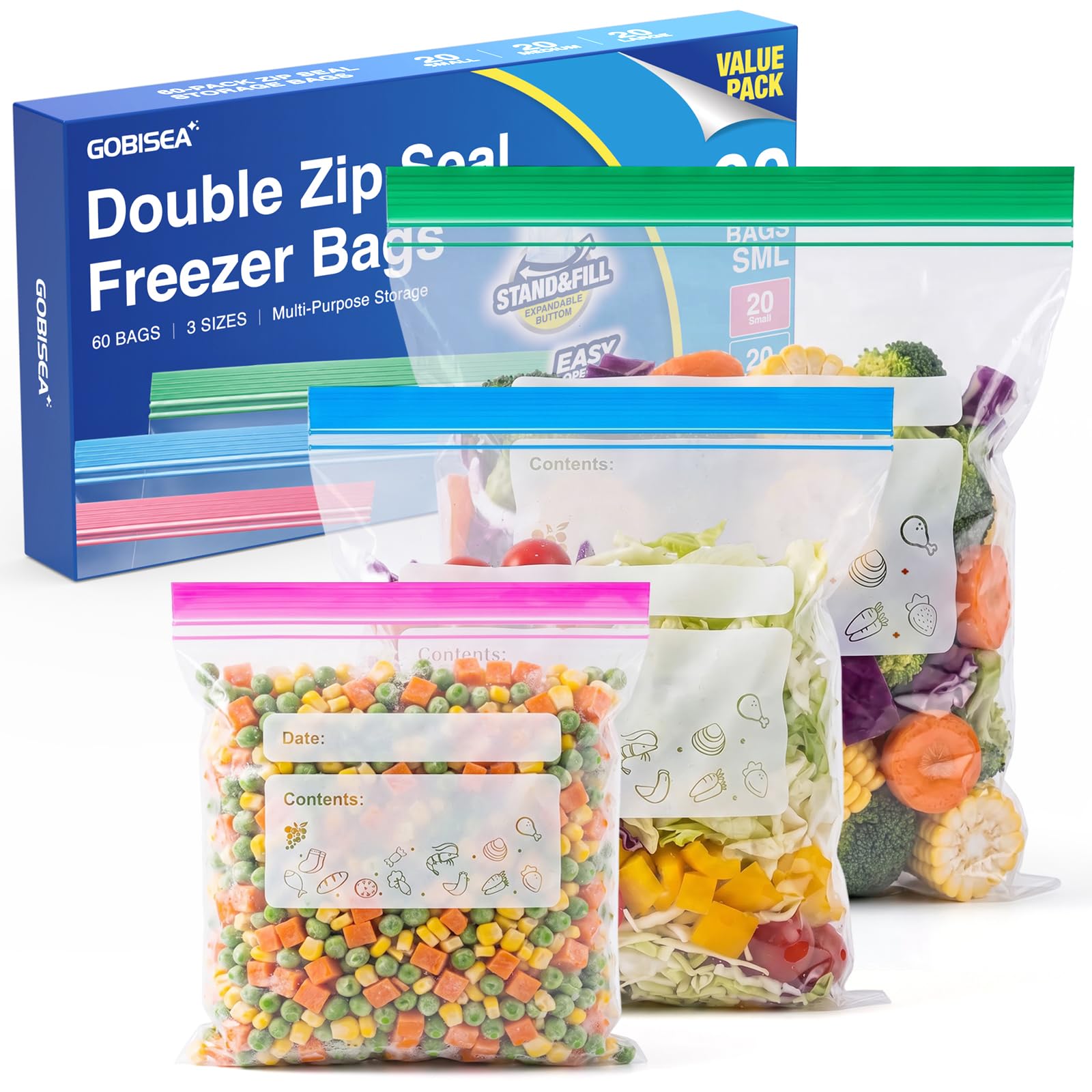 GobiSea 60 Pack Freezer Bags, 3 Sizes (S,M,L) Zip Lock Bags, Reusable Sandwich Bags, Double Zip Seal Food Storage Bags with Expandable Bottom for Meal Prep, Snacks, Fruits, Vegetables & Leftovers