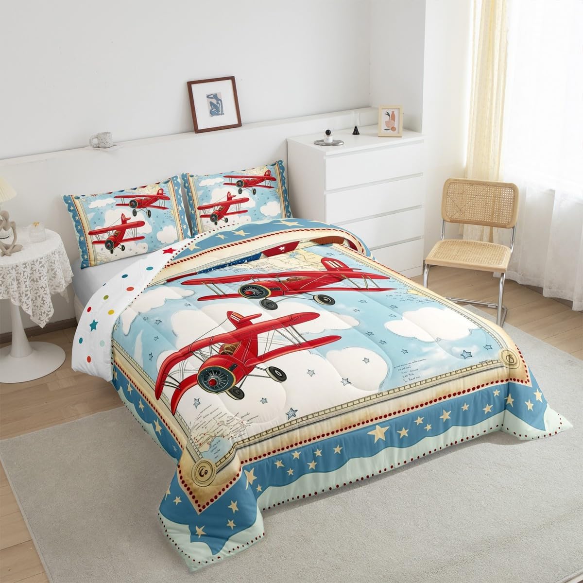 Aircraft Travel Kids Comforter Sets Toddler Size,Red Traffic Airplane Bedding Comforter Sets,Cartoon Sky Cloud Quilt Sets for Bedroom Decor,Watercolor Stars Print Duvet Insert with 1 Pillowcase