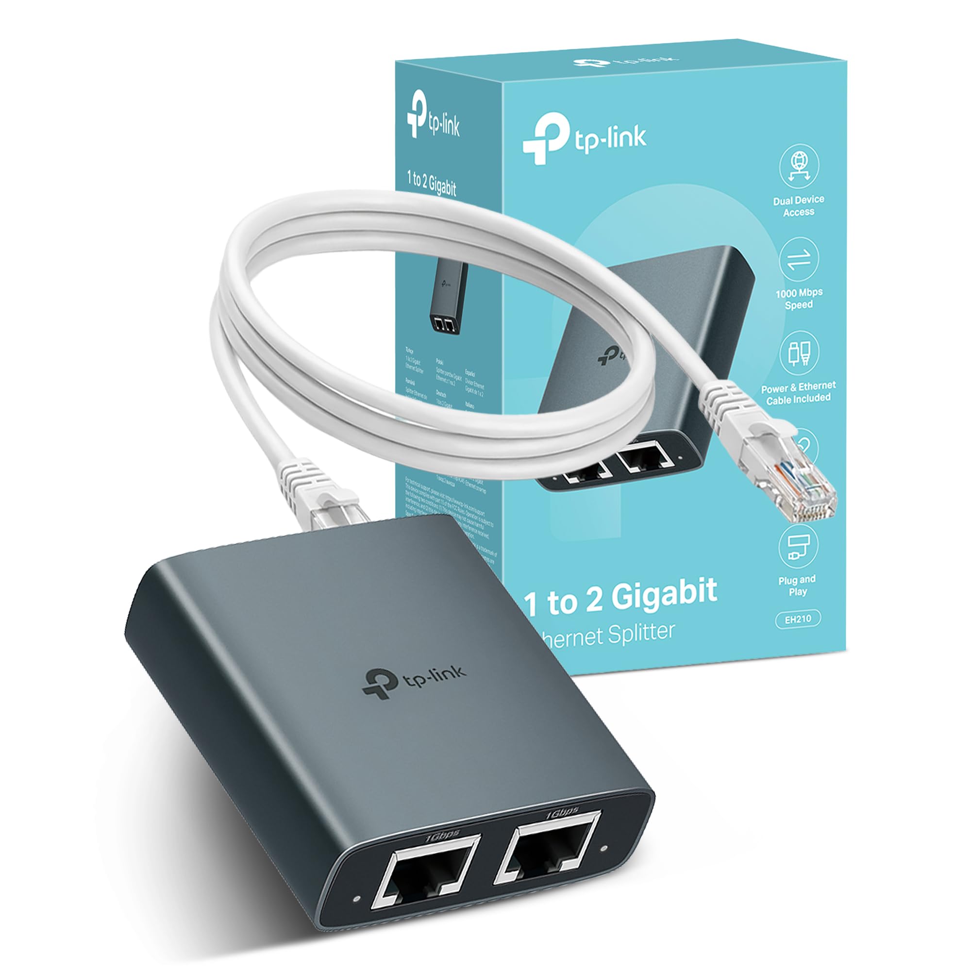 TP-Link EH210 Ethernet Splitter,1 to 2 Gigabit Network Switch,1000Mbps High-Speed Ethernet Switch,Plug and Play,LAN RJ45 Internet Splitter with Ethernet/USB Cable for Router,Laptop/PC,TV,Xbox
