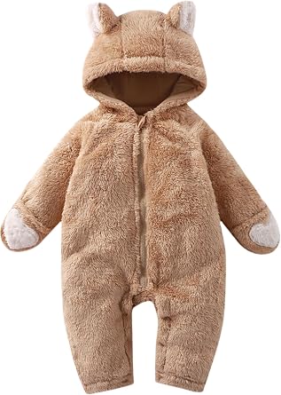 CAHL&FAUO Newborn Baby Jumpsuit With Fold-Over Mittens Girls Boys Winter Snowsuit Fleece Warm Romper Hooded Outwear Outfits