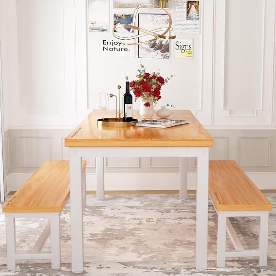 Dining Table Set for 4, Kitchen Table Set with 2 Benches, 3-Piece Dining Table and Chair Set, Dining Room Table Set for Small Space, Kitchen, Dining Room, Apartment, Breakfast Nook, Beige