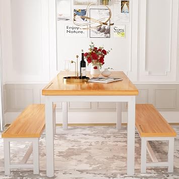 Dining Table Set for 4, Kitchen Table Set with 2 Benches, 3-Piece Dining Table and Chair Set, Dining Room Table Set for Small Space, Kitchen, Dining Room, Apartment, Breakfast Nook, Beige