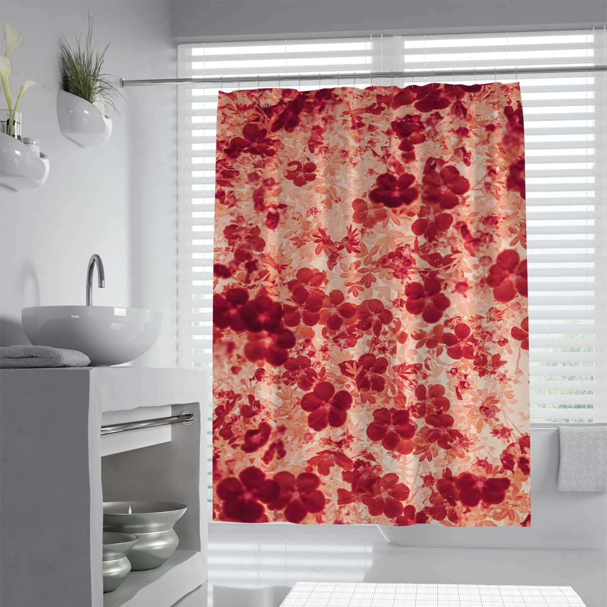 UIRINGART Red Floral Shower Curtain W180xL200cm Watercolor Botanical Waterproof Fabric Bath Curtains Washable Mildew Resistant Bathroom