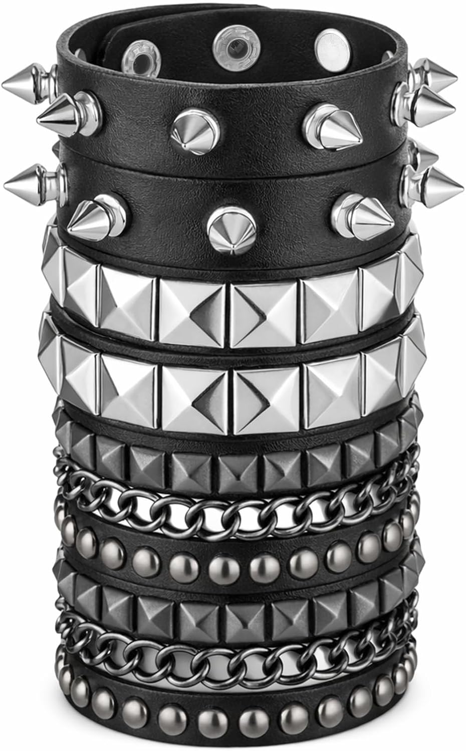 TIESOME 6 Pcs Stud Bracelet, Spiked & Studded Leather Punk Bracelet for Women Men, Vintage 80s Chain Wristband Set, Gothic Rocker Accessories