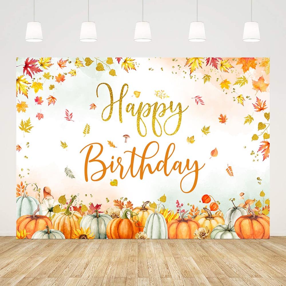 Mocsicka Autumn Pumpkin Birthday Backdrop Boho Pumpkins Fall Floral Happy Birthday Background Party Decorations Thanksgiving Autumn Leaves Pampas Grass Banner Photo Booth Props (6x4ft