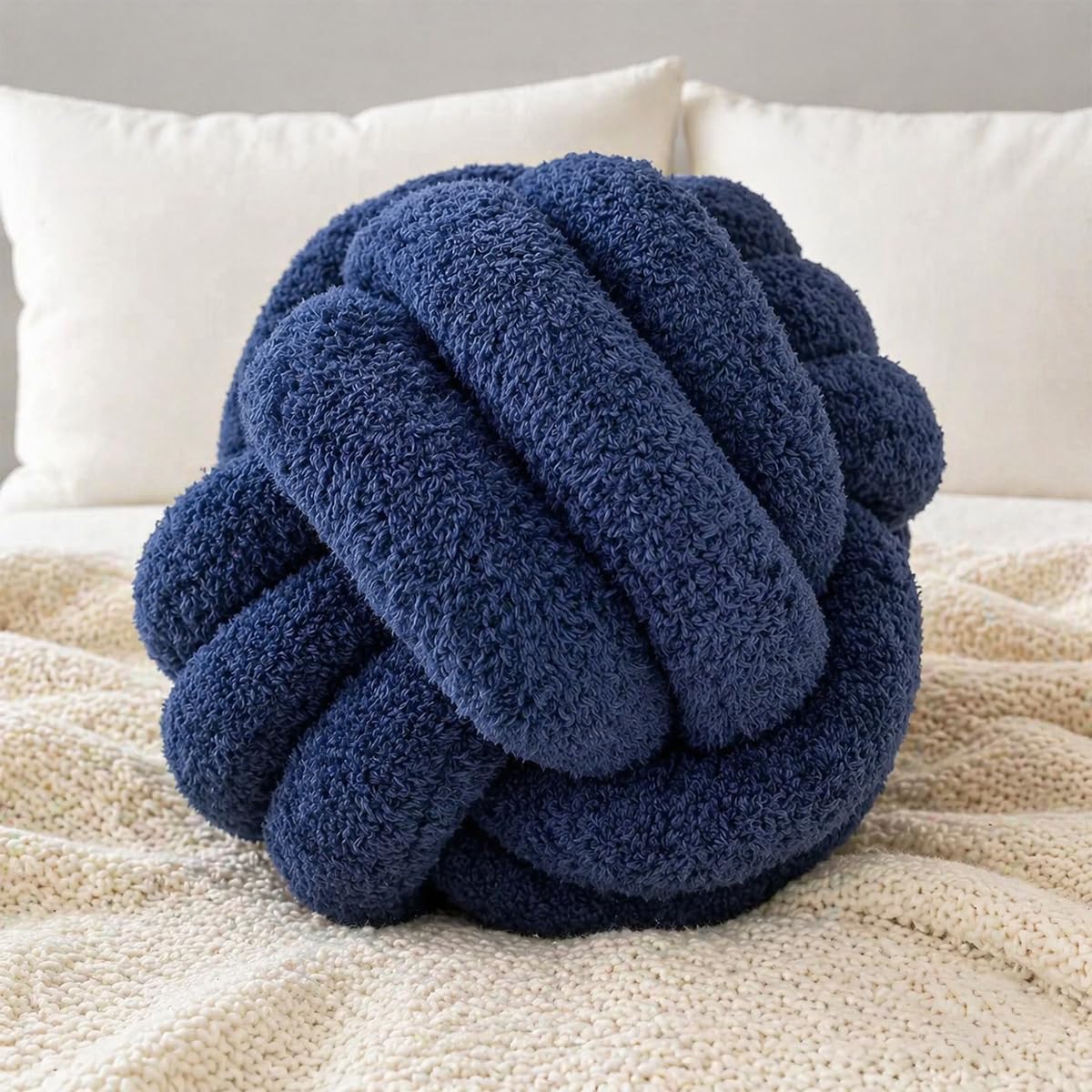 Almohada de nudo – Almohadas decorativas para decoración de habitación, sofá para sala de estar, aliviar el estrés, almohadas decorativas, cojín de nudo redondo, juguete para mascotas, color azul marino, 8 pulgadas
