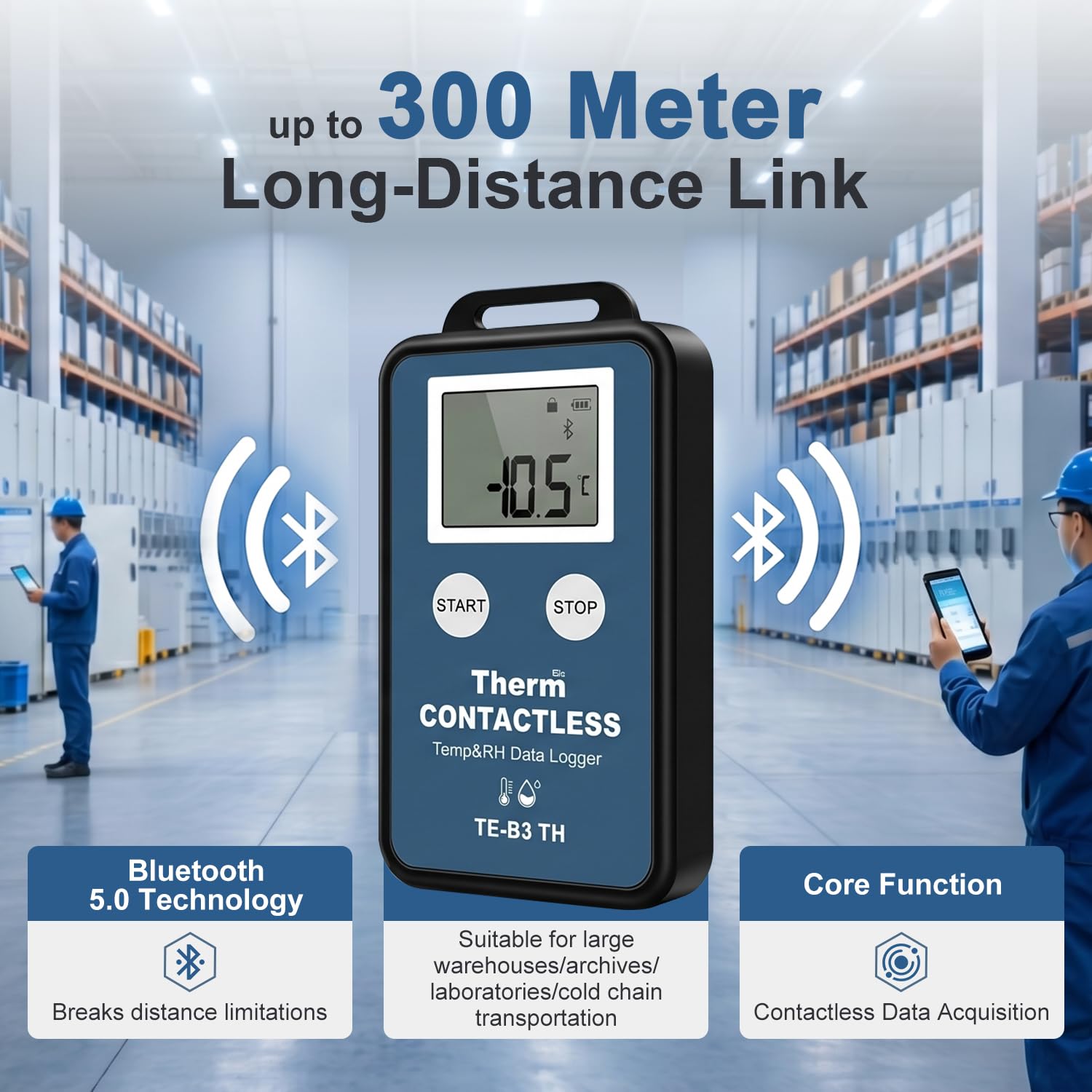 ThermElc TE-B3 Bluetooth registratore temperatura umidità, monitor wireless 300 m, 32000 punti, PDF CSV per mappatura laboratorio