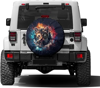Dujiea Cat Head in Fire Spare Tire Cover with Backup Camera Hole, Universal Wheel Tire Cover Tire Protectors for Trailer RV Van SUV Truck Camper and Many Vehicle 14inch