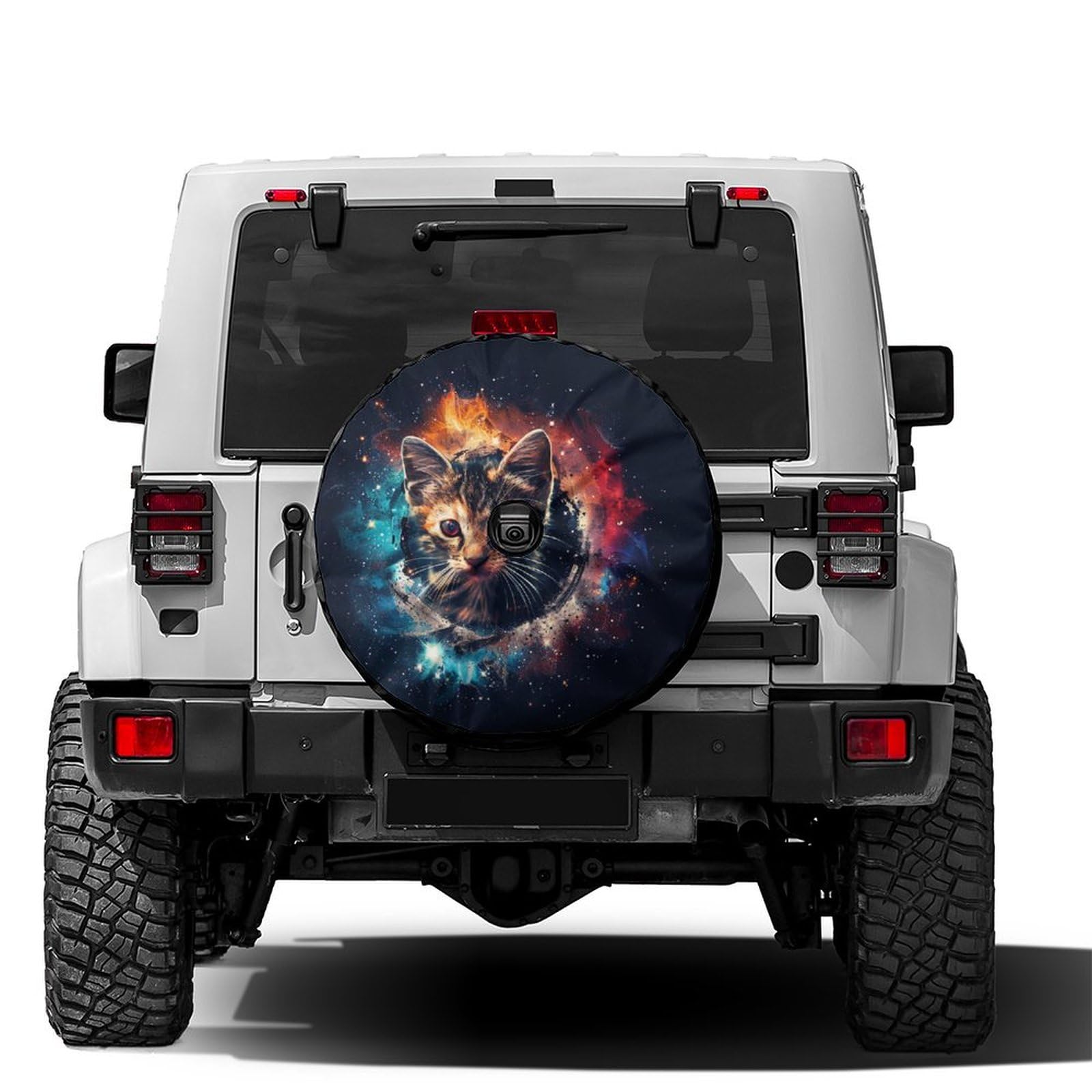 Dujiea Cat Head in Fire Spare Tire Cover with Backup Camera Hole, Universal Wheel Tire Cover Tire Protectors for Trailer RV Van SUV Truck Camper and Many Vehicle 16inch