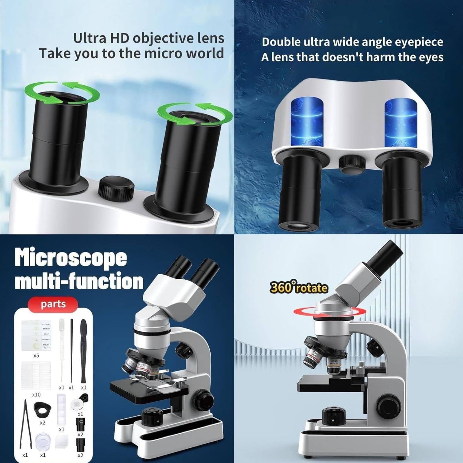 Microscopio, Microscopios BiolóGicos Compuestos 40x-1600x Con IluminacióN Led De 7 Colores/RotacióN De 360°/Cuerpo De Metal, Para Regalos De Estudiantes Adultos,Microscopios BiolóGicos,White