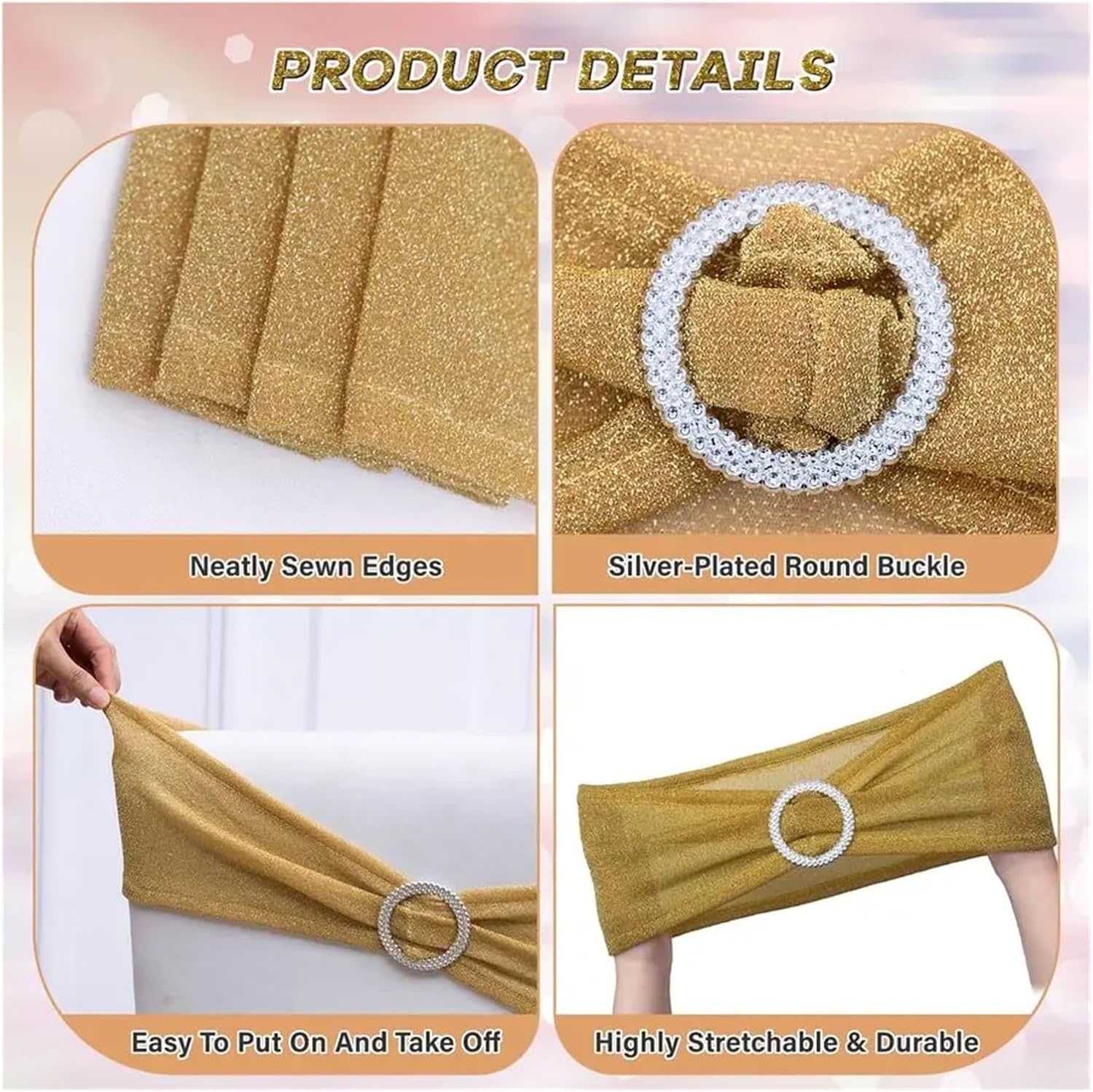 Wedding Aisle Decorations Pack of 50 Gold Chair Sashes Bows with Buckle Slider Universal Elastic Spandex Bands Ties for Banquet Event Decor