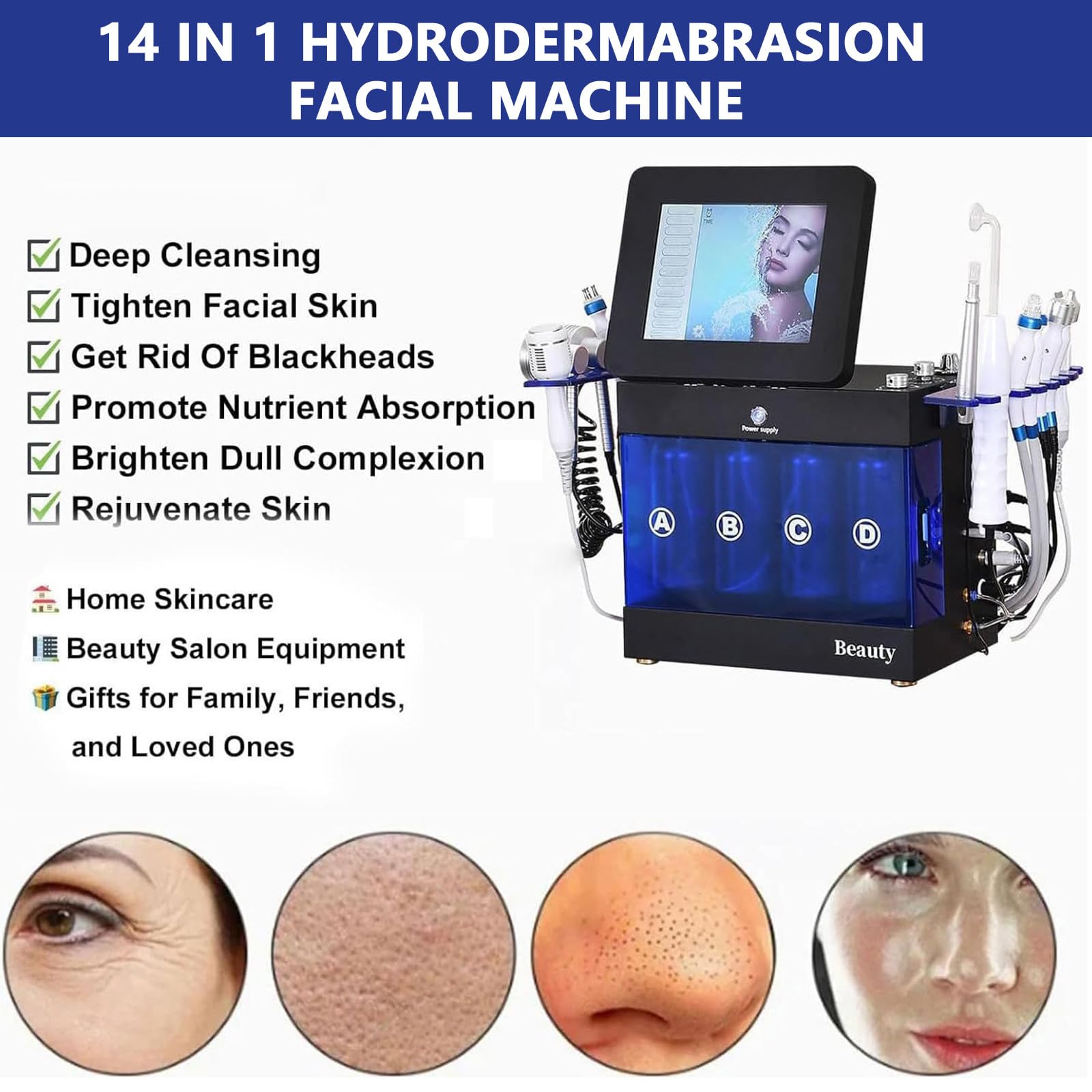 14 en 1 Máquina de Belleza | Hidrofacial Profesional | Limpieza Facial Profunda & Reafirmación | Hidropeeling, Microdermoabrasión y Oxigenoterapia | para SPA,Salón y Uso en Casa
