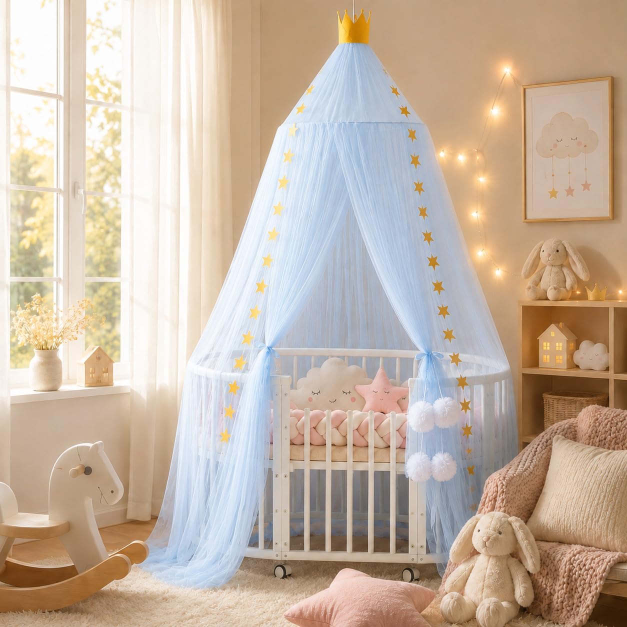 Photo 1 of Pinkrin Bed Canopy for Girls - Soft, Washable and Easy to Install, Crib Canopy for Girls' Room with Star Decor, Princess Bed Canopy for Crib,Bed,Reading Nook, Blue