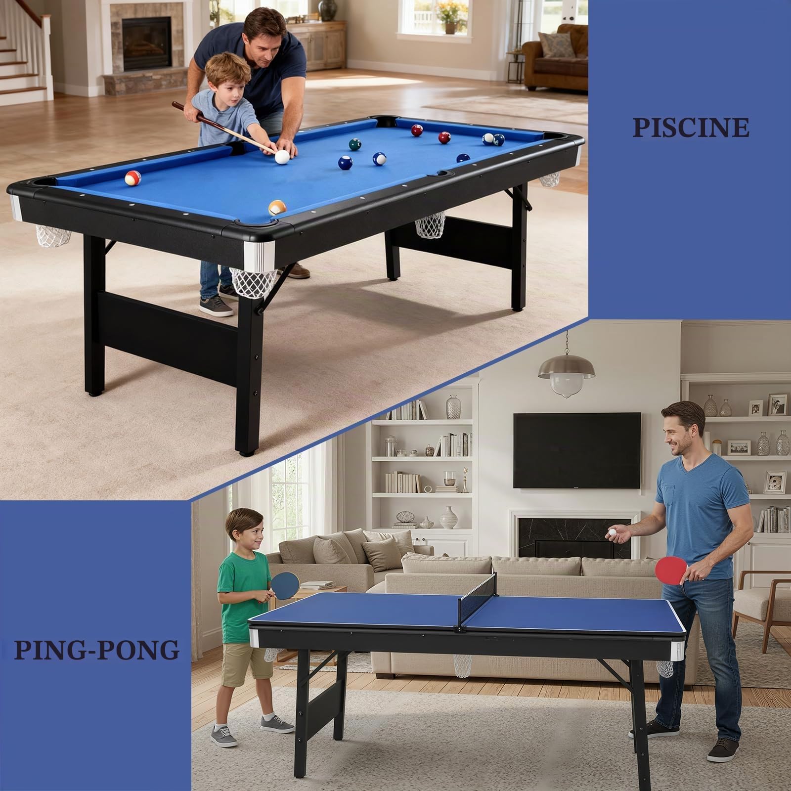 HLC 6FT Table Multijeux Pliable 3 en 1 - Table de Ping-Pong/Billard/Salle à Manger, Livré avec Accessoires de Billard Complets,183× 91× 79cm Adapté aux Adultes et aux Enfants