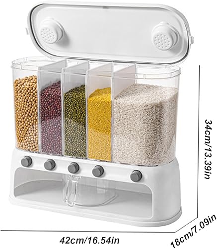Miniatura 2 de Yuehuam Dispensador de alimentos secos, 12L montado en la pared, dispensador de granos de 5 rejillas, contenedor de almacenamiento de cereales y
