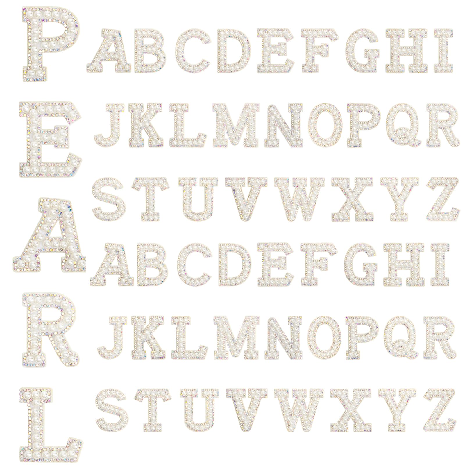 Windspeed 52PCS Pearl Iron On Letters, Self Adhesive Rhinestone Letters Patches A-Z English Pearl Iron Patches Alphabet Glitter Applique for Craft (White)