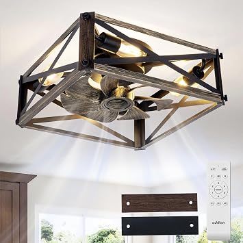 addlon Caged Low Profile Ceiling Fans with Lights and Remote, Small Farmhouse Flush Mount Fandelier, 6 Speeds Reversible Ceiling Fan with Rustic Square Design for Bedroom, Kitchen, Dining Room