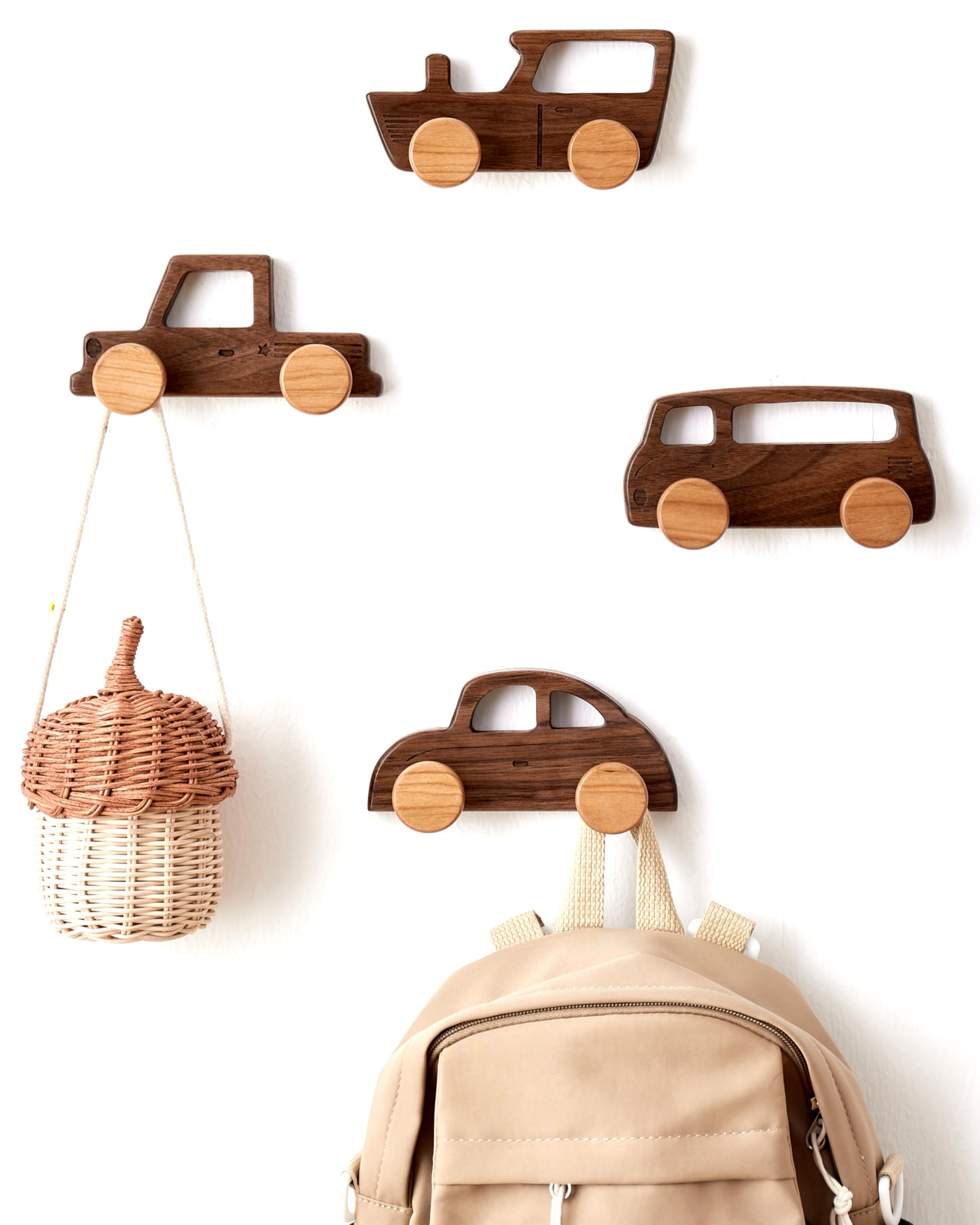 Kids Coat Hooks Wall Mount, Walnut Car-Shaped Coat Rack Heavy Duty for  Bathrooms,Kids’ Room,Door,Nursery,Entryway, Pack Wood Wall Hooks for  Hanging - Main Image