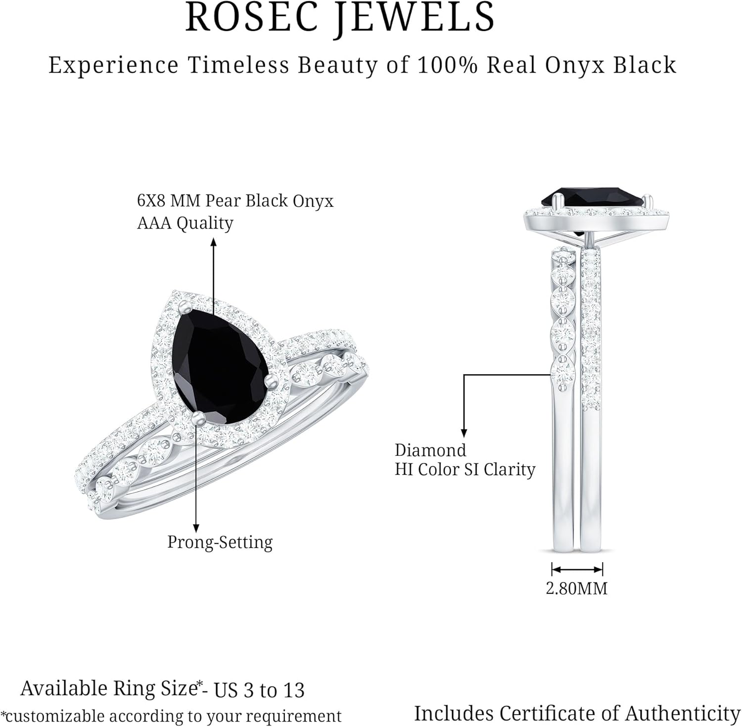 Genuine 1.7 Carat Black Onyx Bridal Ring Set, Aaa Quality, Certified Onyx Teardrop Engagement Ring With Diamond Band