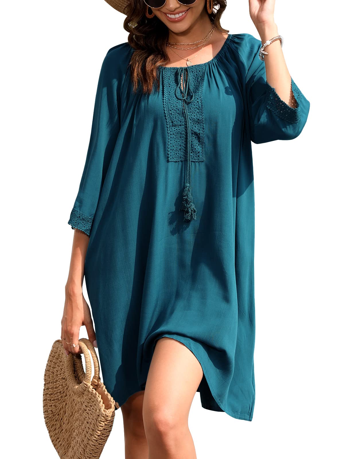 UMIPUBO Pareos Playa Mujer Vestidos de Playa Cuello en V Falda de Playa Verano Suelta Bikini Cover Up Vestido de baño Color Sólido Camisolas y Pareos