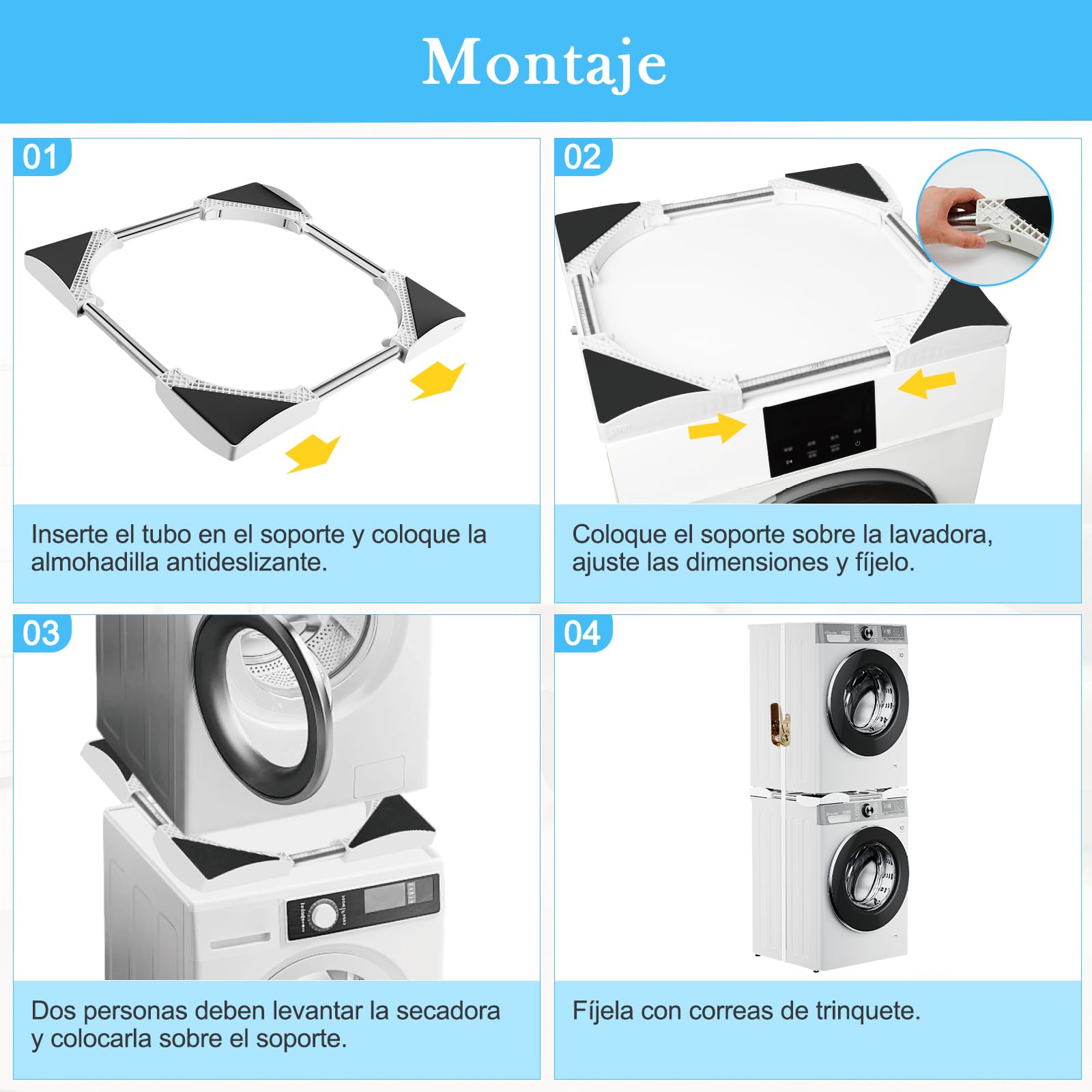 DEWEL Marco intermedio secadora lavadora, marco de conexión lavadora secadora universal, con cuerda de trinquete, conexión ajustable para lavadora-secadora, 45-65 cm