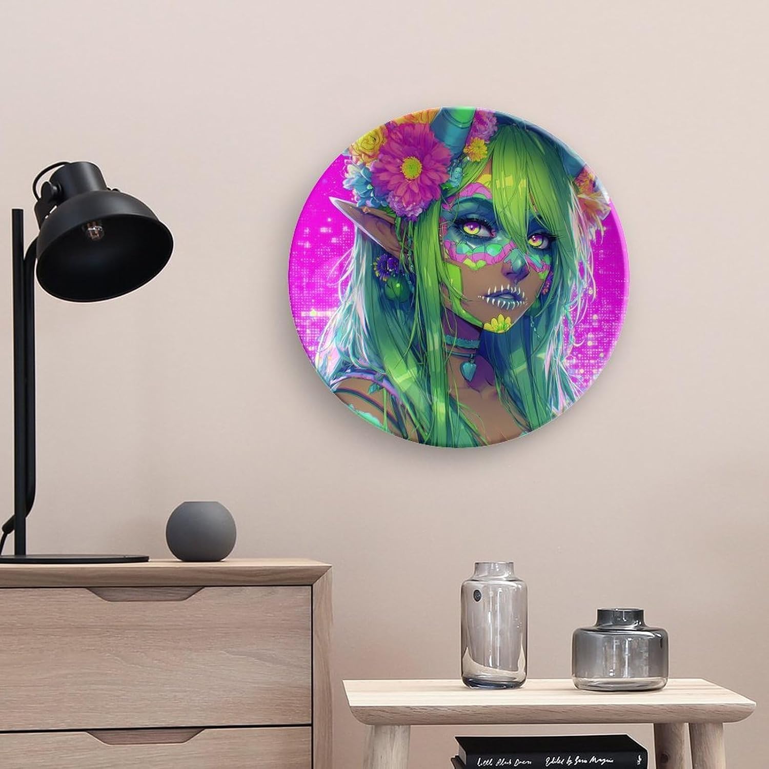 Neon Anime Woman Custom Bone China Decor Plate Ceramic Decorative Plate with Display Stand for Home Office Wall image 5