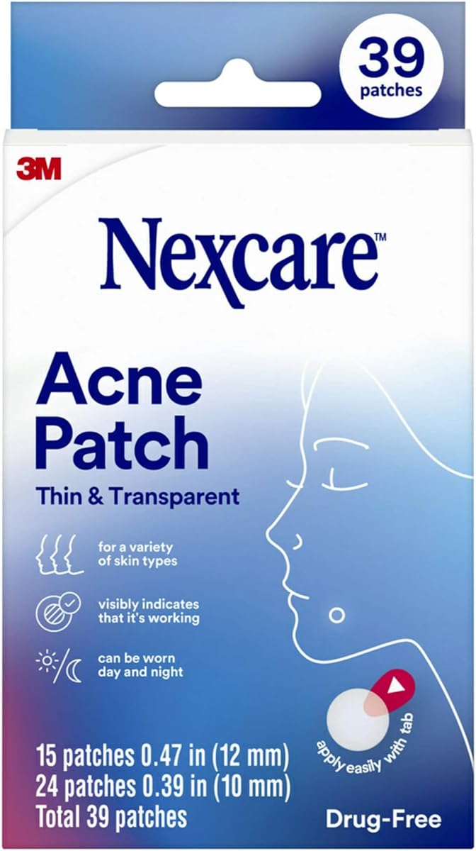 Nexcare Thin and Transparent Acne Patch, Skin Cover Absorbs Pus and Oil from Clogged Pores, made with hydrocolloid, tab allows for easy removal from liner - 39 Pimple Patches