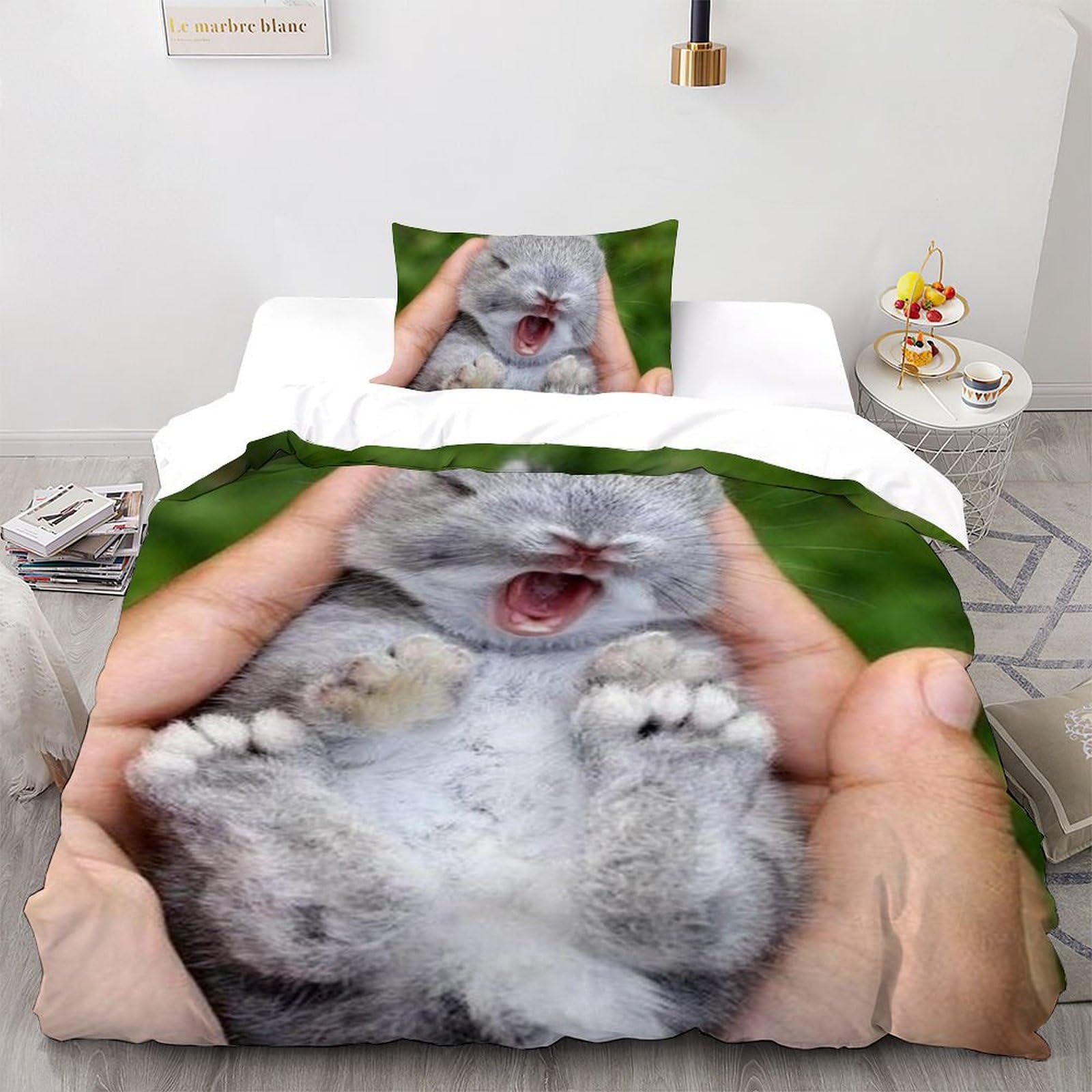 Housse de couette lapin en microfibre 135x200 cm avec taie d'oreiller pour lit simple
