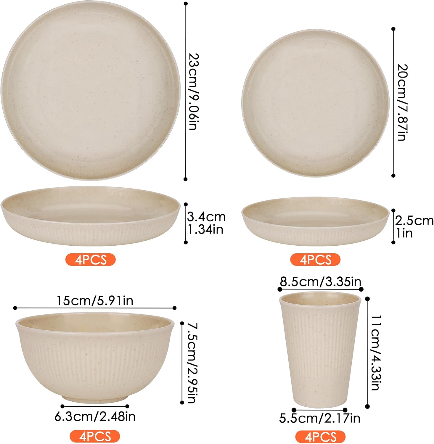 16pcs Wheat Straw Dinnerware Set for 4 People Camping Plates and Bowls Set | Unbreakable Dish Set Reusable Picnic Set, 23cm Plates,20cm Plates, 350ml Cups, 15cm Bowls, Microwave and Dishwasher Safe