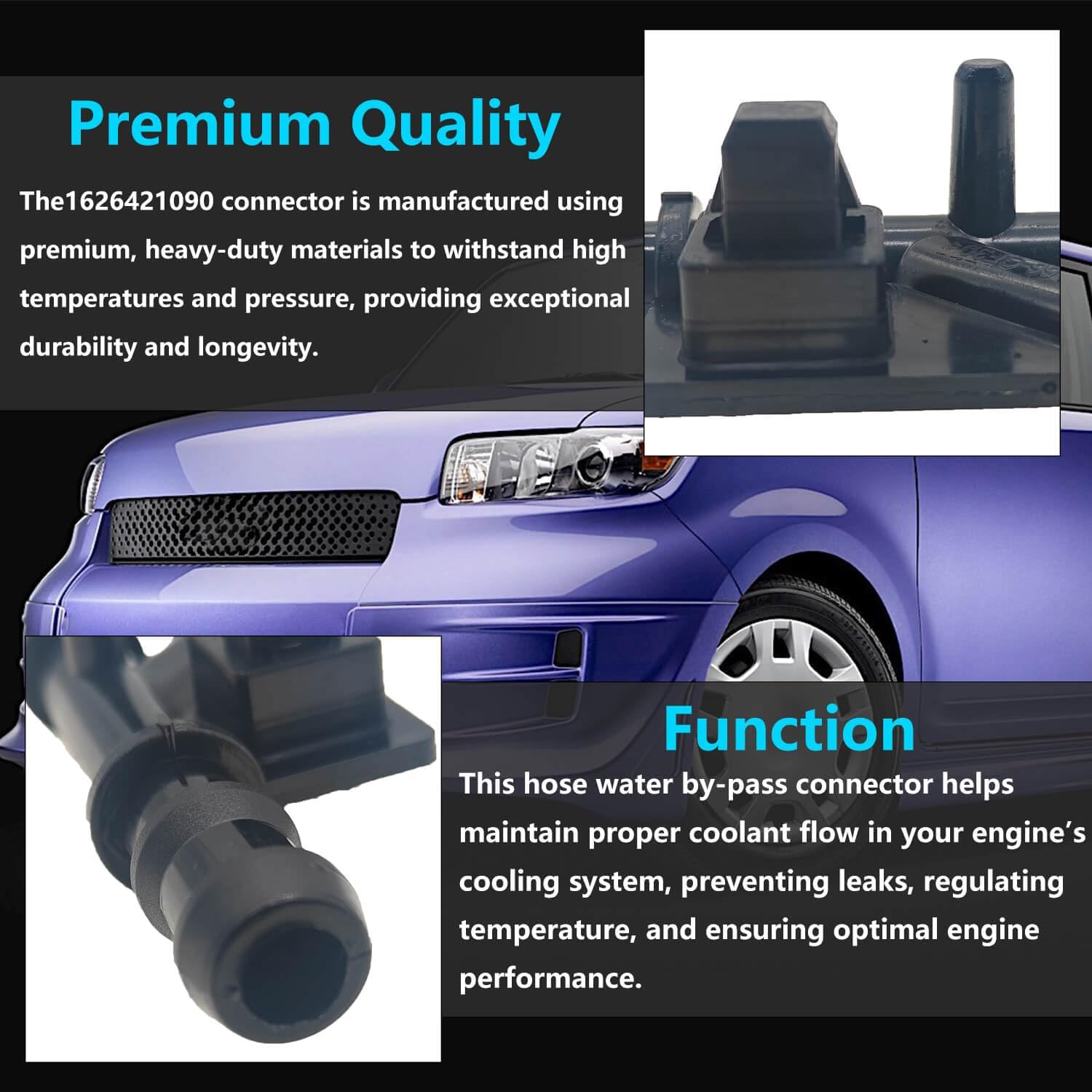 16264-21090 Automobile Water Pipe Joint, Hose Water By-Pass Connector, Compatible with Toyota Mark X, Corolla Rumion, Blade, Auris, Scion xB 2008-2015, 2.4L, Replace 1626421090