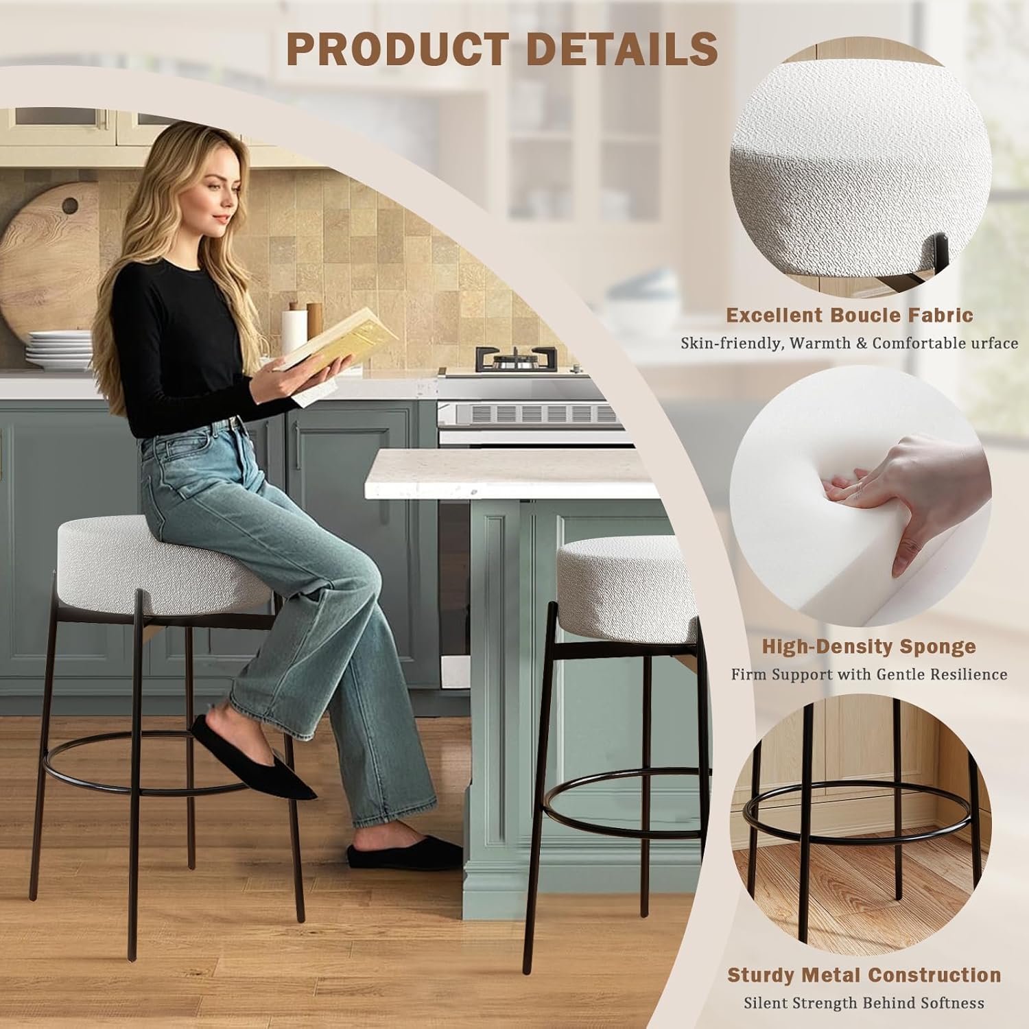 Woman sitting on a SoarFlash bar stool, with insets showing boucle fabric texture, high-density sponge, and sturdy metal construction.