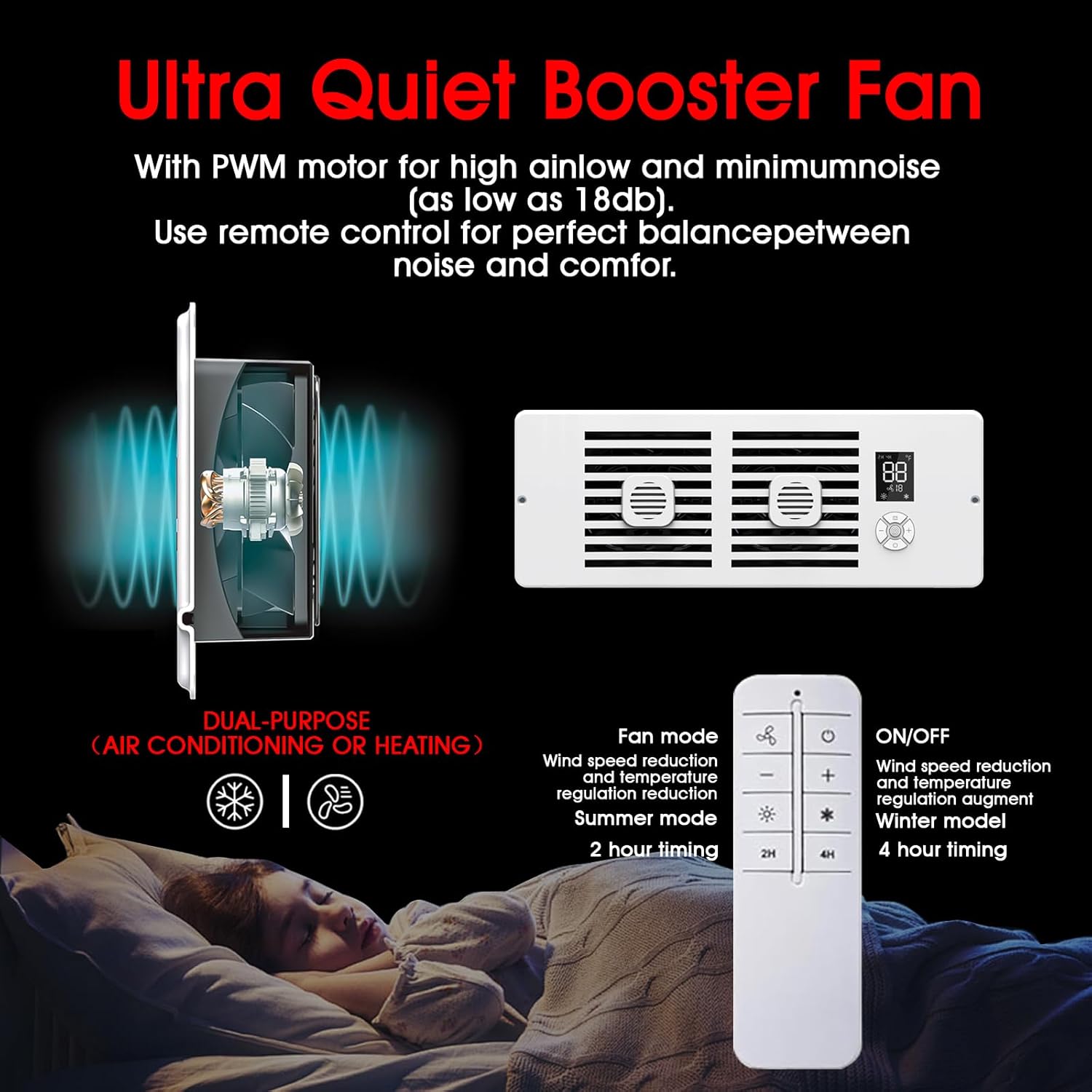 Register Booster Fan Fits 4" x 12" Register Holes, 10-Speed Smart Thermostat AC Vent Fan with Timer Setting and Aroma Function, Air Vents Fans & Heating for Wal