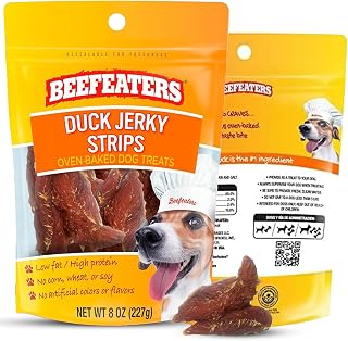 Beefeaters Duck Jerky Strips for Dogs 8oz, Oven-Baked High Protein Dog Treats Duck Jerky - Low Fat Grain-Free Dog Snacks - No Corn Wheat or Soy - Chewy Dog Jerky Treats for Training and Rewards