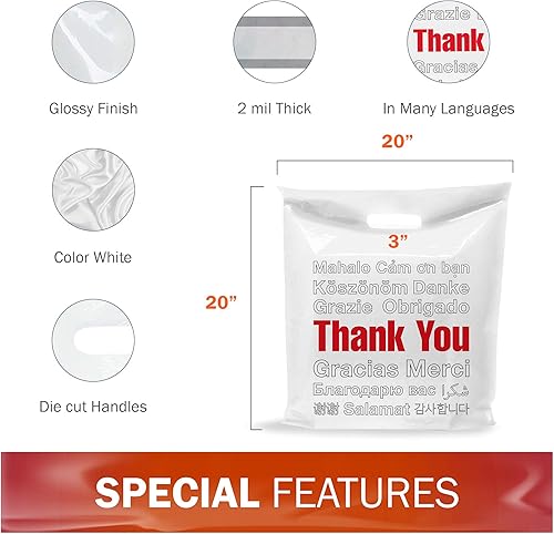 Miniatura 6 de White Thank You Merchandise - Bolsas de plástico para compras  Paquete de 100 bolsas de plástico de 20 x 20 pulgadas de grosor con asas troqueladas