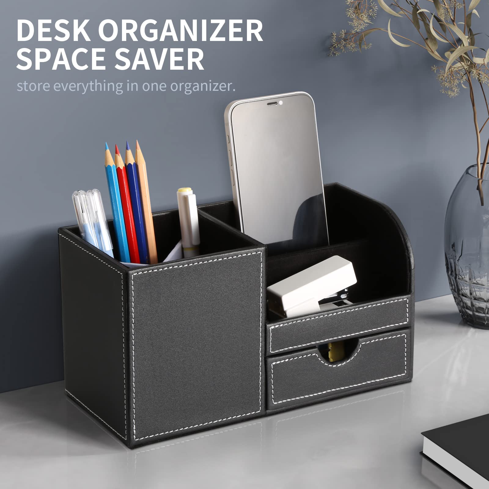 GORESE Organizer da Scrivania - Multifunzionale Portapenne,Portaoggetti da scrivania in elegante pelle PU Nero per Organizzatore di Cancelleria, Biglietti da Visita, Penne,Cellulari (Nero 1)