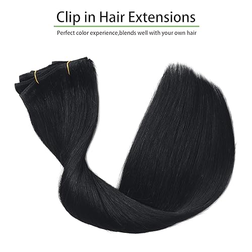 Miniatura 8 de Extensiones de cabello humano real con clip, de 20 pulgadas, color negro azabache, extensiones de cabello humano natural sedoso y liso para mujeres
