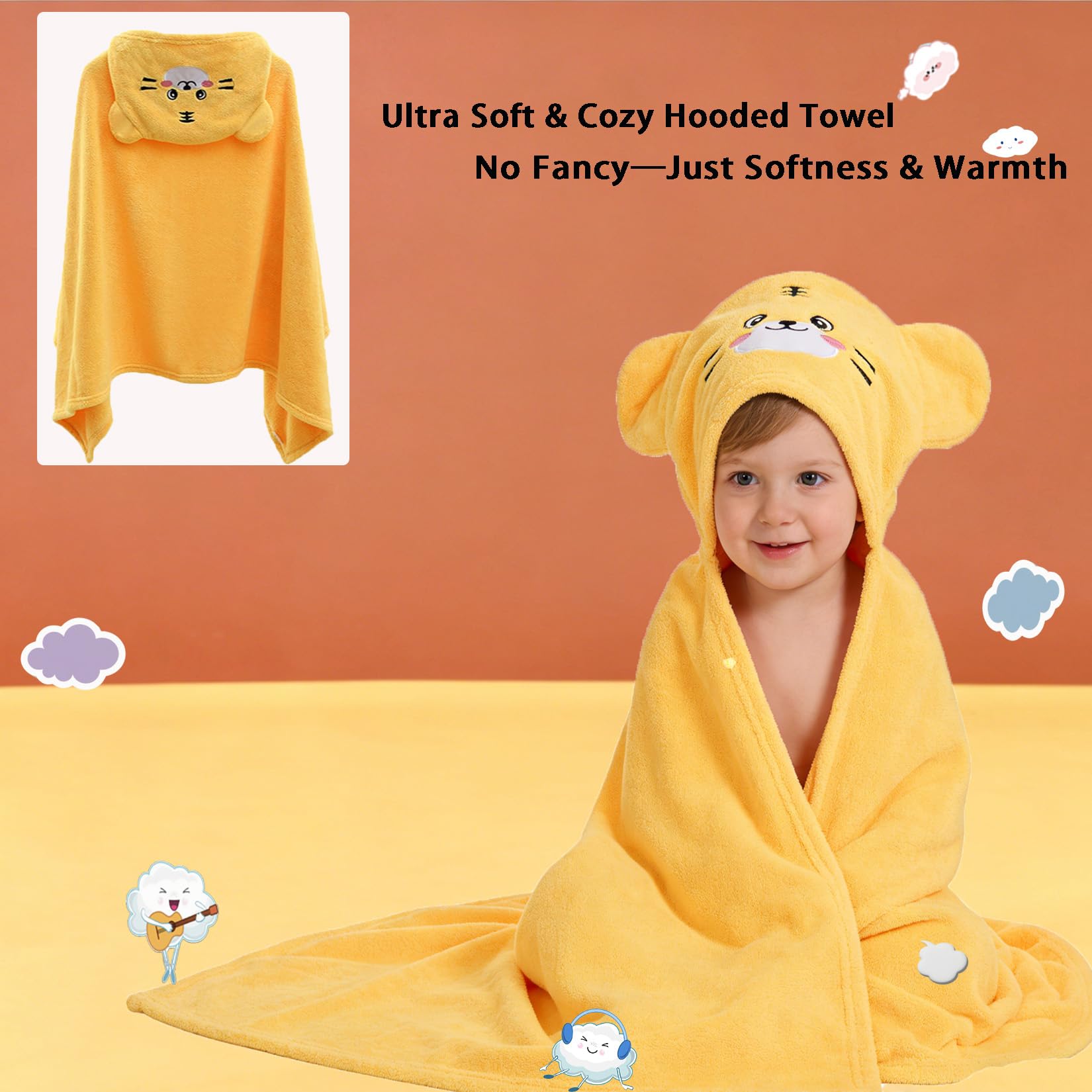 Toalla de baño para niños pequeños, toallas de bebé con capucha, 27.5 x 55 pulgadas, ultra absorbente, suave, toalla de ducha para niños y niñas (amarillo atardecer)