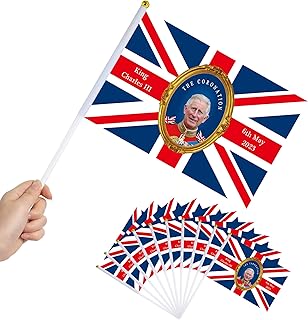 Kings Coronation Decorations,Coronation Flags King Charles for King Charles Coronation Decorations,Mini Union Jack Flags on Sticks,King Charles Flag Small Hand Waving Flag for Street Party(10 Pcs)