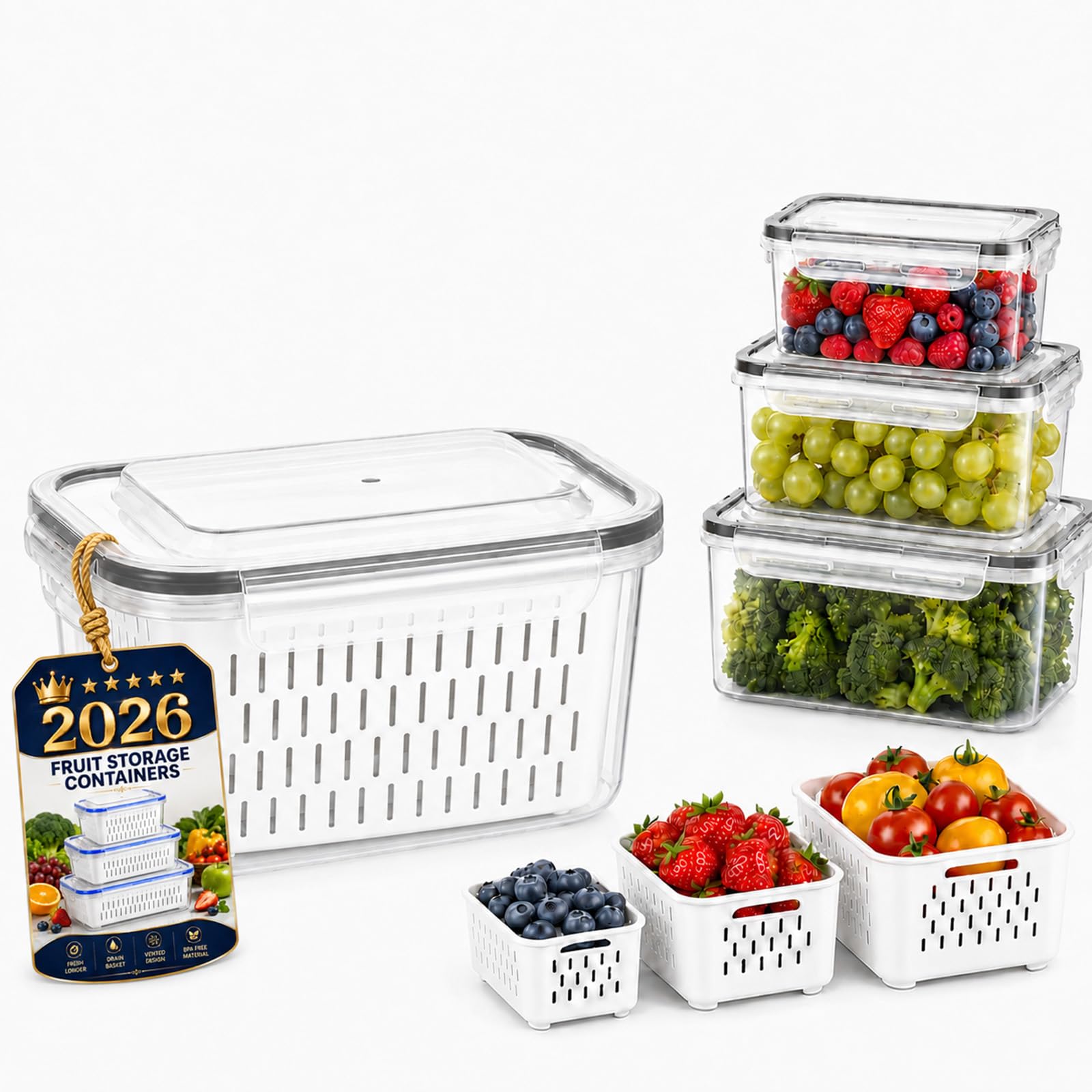 4-In-1 Fruit Strainer Container, Berry Storage Containers for Fridge with Removable Colander & Lid, Airtight Fresh Food Storage Containers with Drain Basket for Vegetable & Kitchen，Grey：L