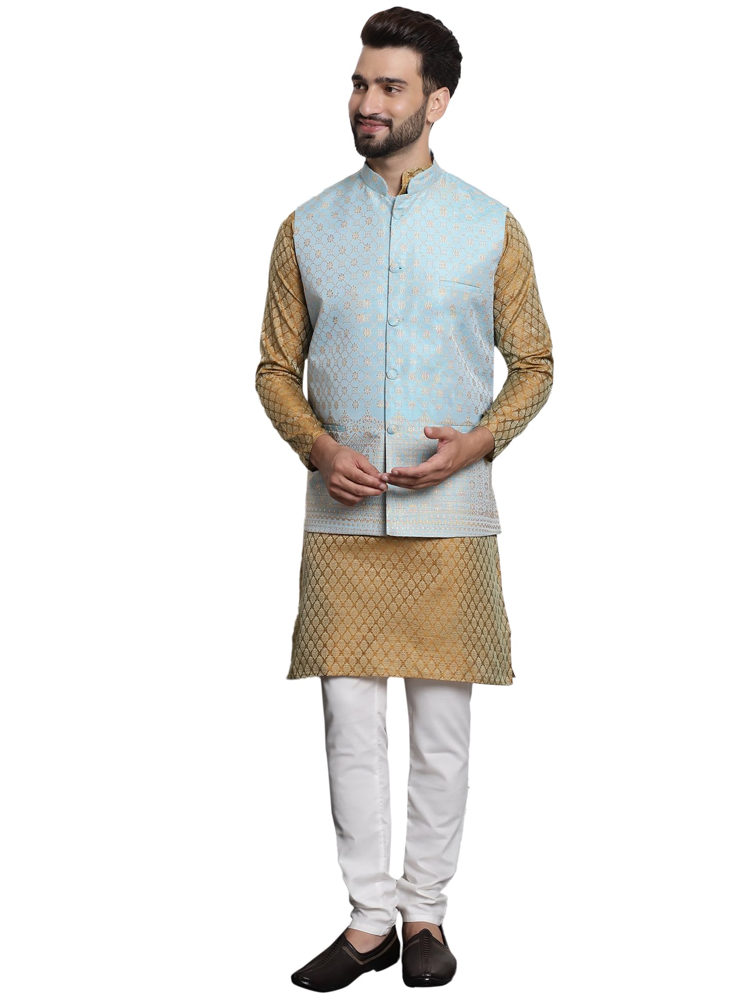 Sojanya (Since 1958 Men's Jacquard Silk Mustard Kurta And Off-White Pyjama With Blue Nehru Jacket