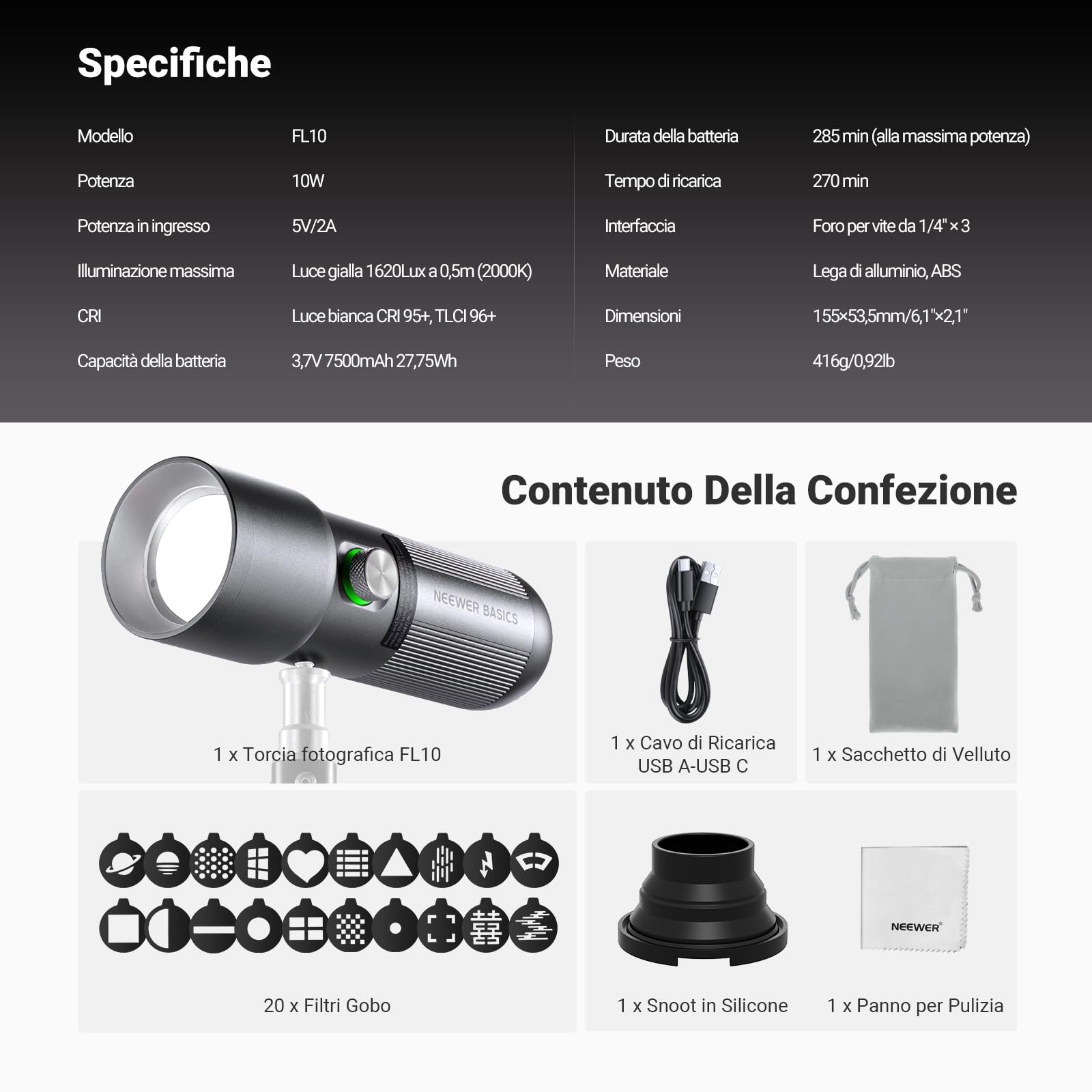 NEEWER BASICS Torcia Fotografica RGB con 4 Colori/20 Filtri Gobo/7500mAh, 10W Faretto Video LED Portatile, Luce Ambientale al Tramonto in Lega Alluminio per l'Illuminazione Studio Riprese Video, FL10