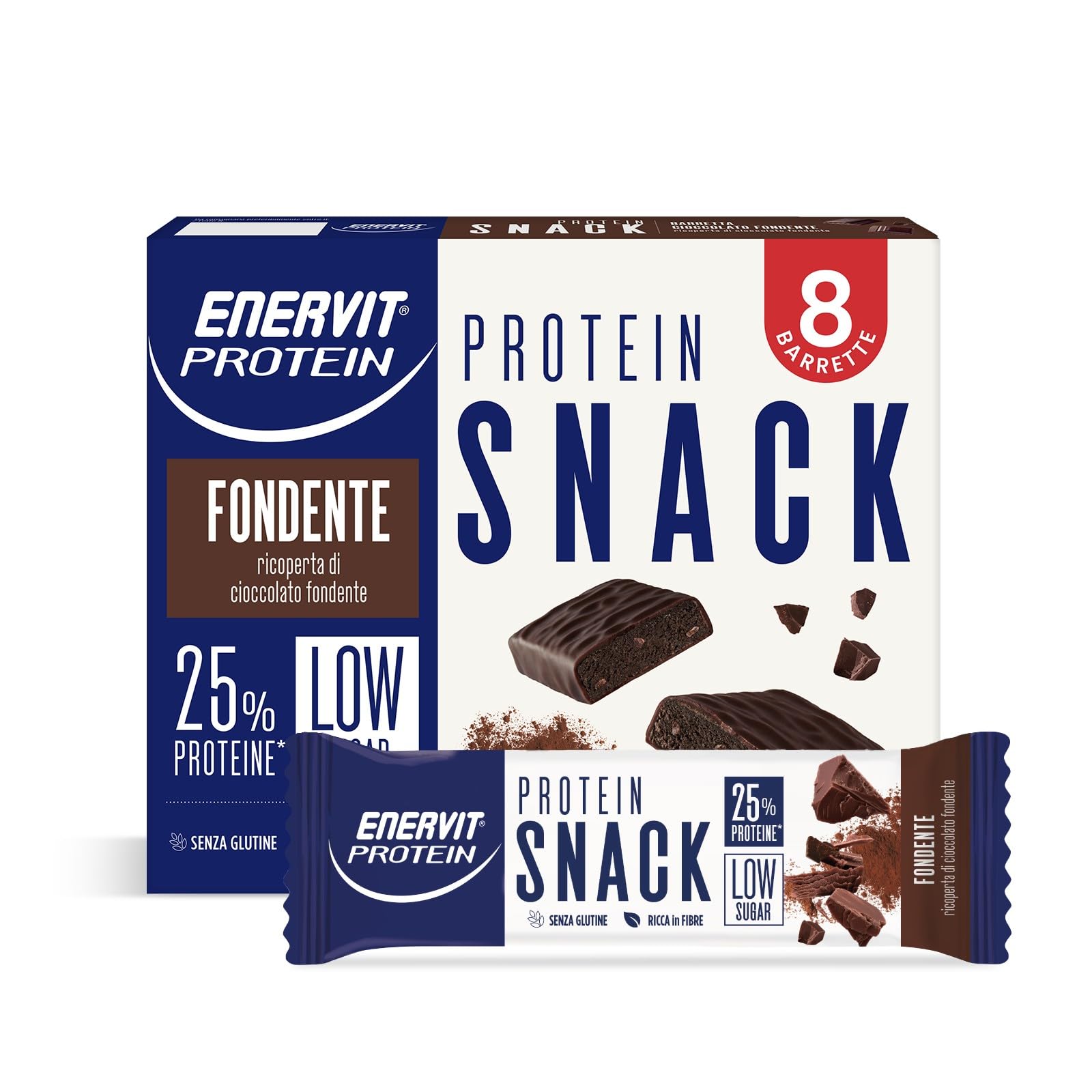 Enervit, Protein Snack al Cioccolato Fondente, Low Sugar, Barrette Proteiche, Per uno Spuntino Goloso e Per il Controllo del Peso, Ricche in Fibre, Senza Glutine, 8 Barrette da 27g