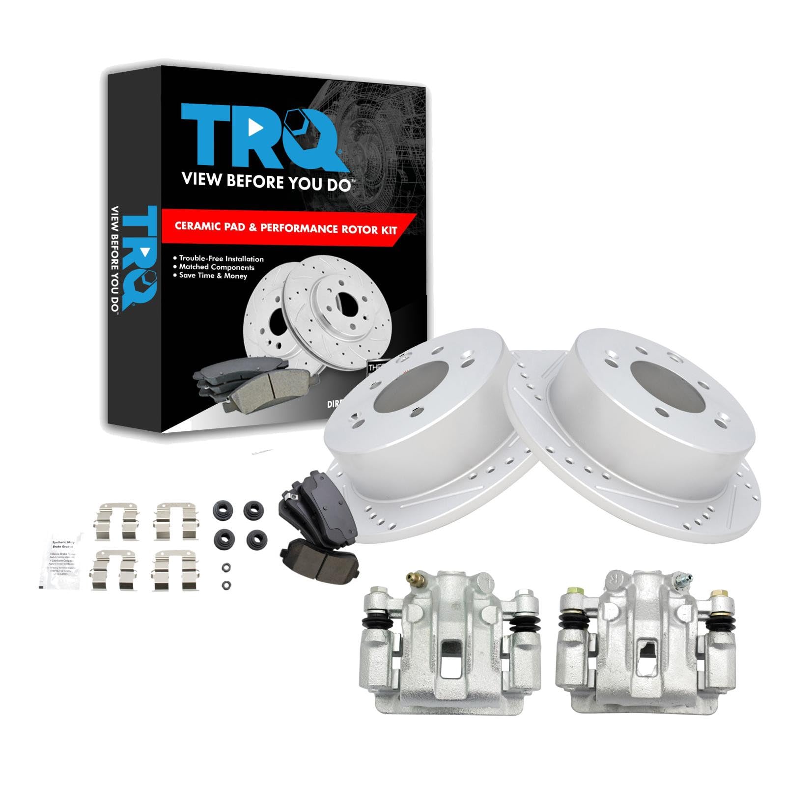 TRQ Rear Brake Pad and Rotor Set Ceramic Solid G Coated Rotors Calipers Compatible with 2010-2013 Kia Forte Forte Koup