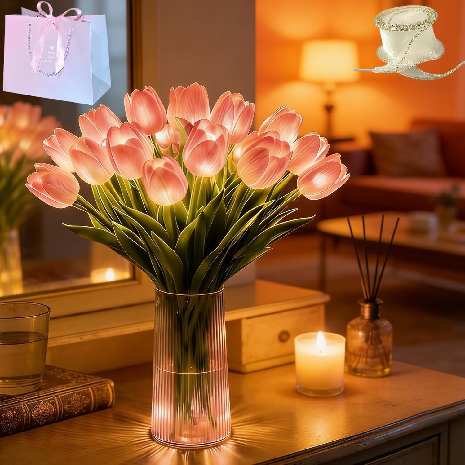 Giltpeak 20pcs LED Radiant Romantic Tulip Light with a Vase,13in Tulips Night Light that Never Fade, Valentine's Day and Easter Home Kitchen Wedding Dining Table Decor (20, Pink)