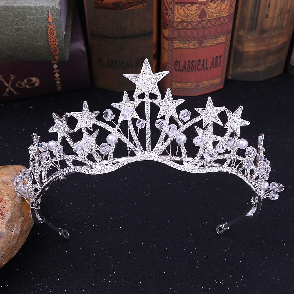 Tiaras y Coronas para Mujer, Tiaras de Boda con Perlas de Cristal y Estrellas barrocas, Coronas de Novia con Diamantes de imitación, Diademas, Joyas, Accesorios para el Cabello.Clear,Silver