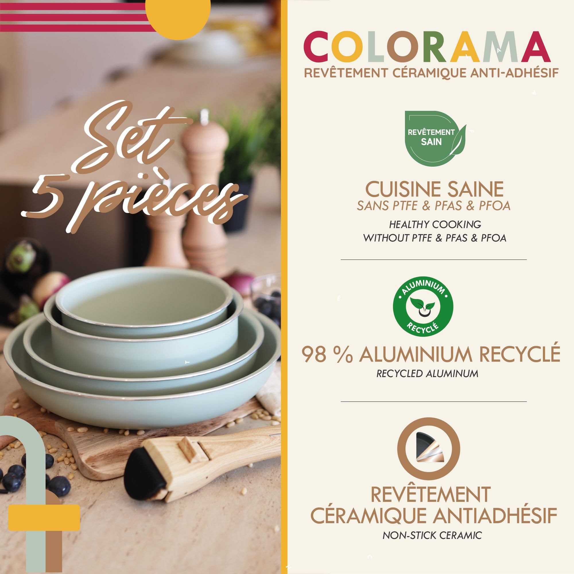 Gros plan sur la finition Celadon de l'ensemble de casseroles MENASTYL Colorama, mettant en avant son design moderne et sa poignée amovible.
