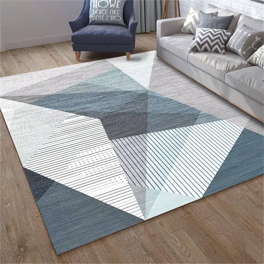 Tapis de salon doux anti-acariens grand format bleu géométrique