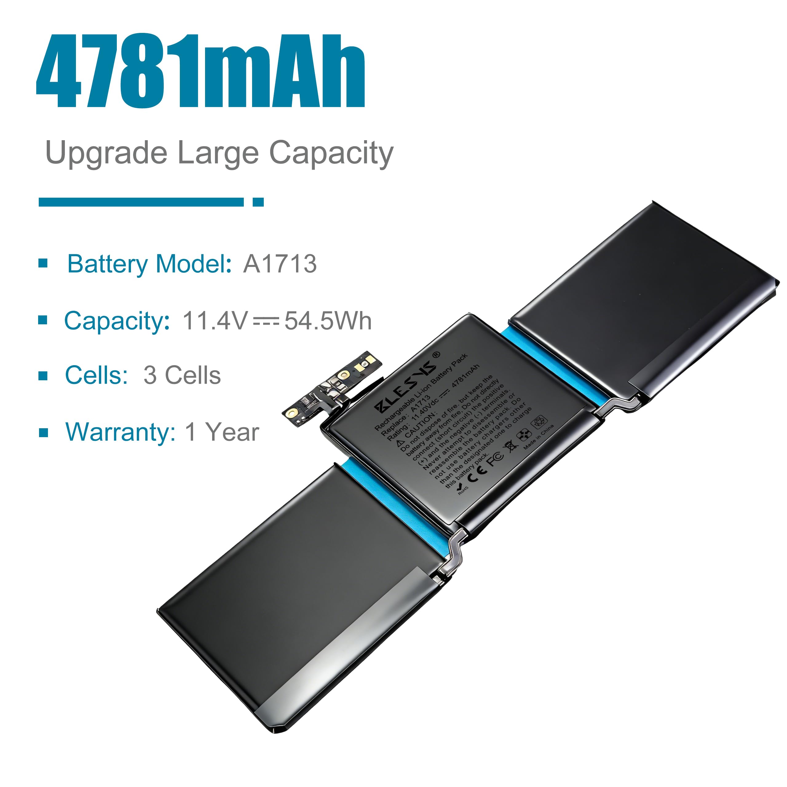 BLESYS Batteria A1708 A1713 per MacBook Pro 13" A1708 A2159 A2289 A2338 | 11,4 V 4781 mAh 54,5 Wh, Sostituisce A1713 e A2171, Strumenti inclusi